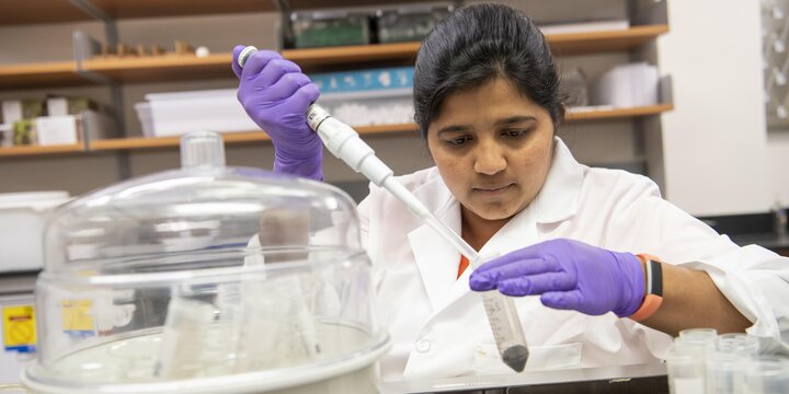 Student working in a lab with a pipette and test tube