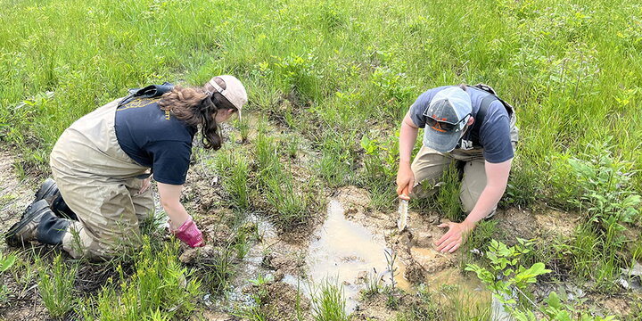 Two students in wetlands field. 